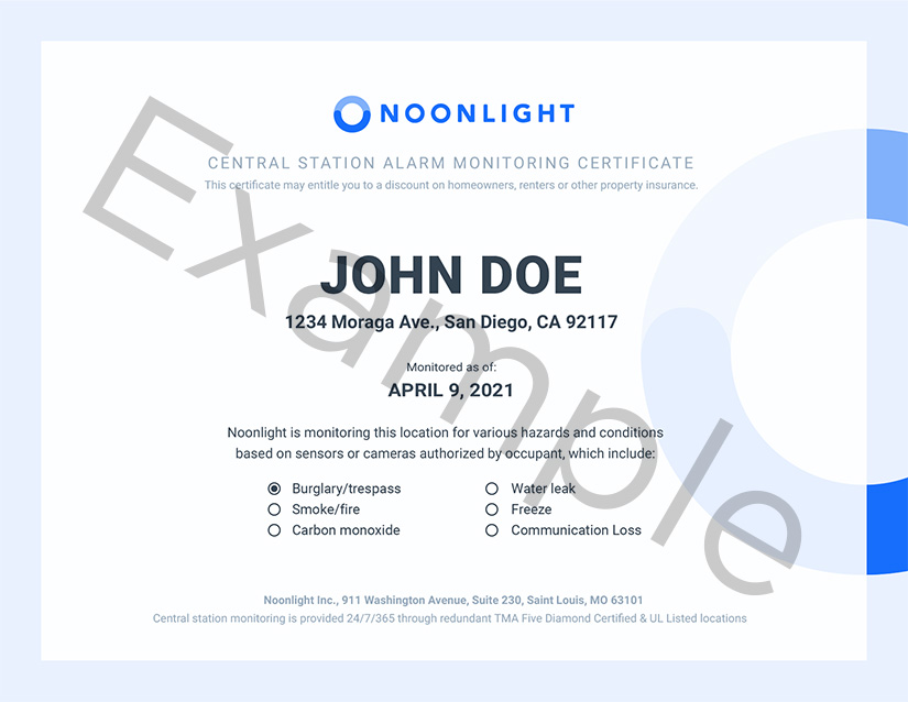 Home Monitoring Certificate example from Noonlight