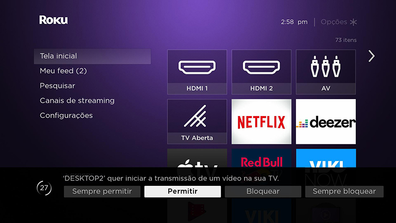 aviso de espelhamento de tela no dispositivo Roku
