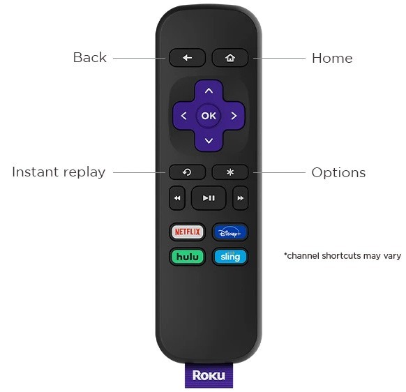 Image showing two Roku remote controls side by side. The Roku Players Remote on the left has buttons for Back, Home, Instant Replay, Options, and streaming service shortcuts including Netflix, Disney+, Hulu, and Sling. The Roku TV Remote on the right has buttons for Power, Sleep Timer, Volume Controls, and Mute. Both remotes feature a purple directional pad with an 'OK' button in the center. Channel shortcuts may vary.