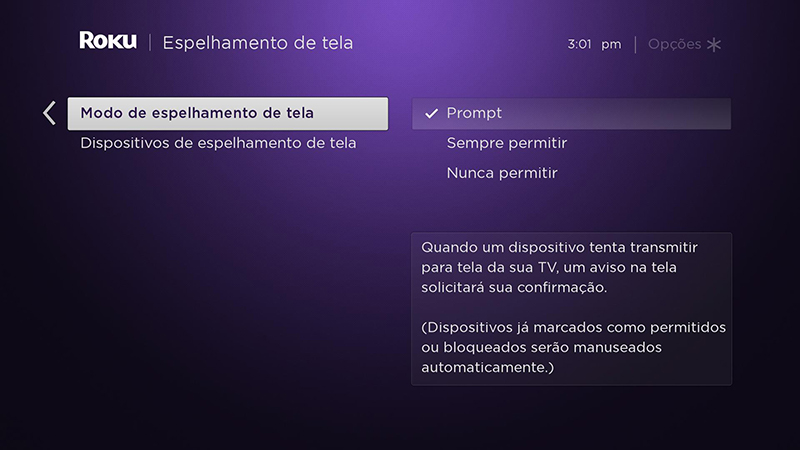 configuração do modo de espelhamento de tela no dispositivo Roku