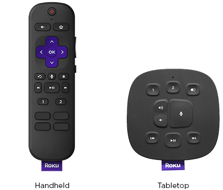 Image showing two types of Roku remotes side by side. On the left is a handheld remote with a traditional design featuring a purple directional pad and various buttons. On the right is a tabletop remote with a flat, square design and buttons arranged around a central microphone button. Labels below identify them as 'Handheld' and 'Tabletop.'