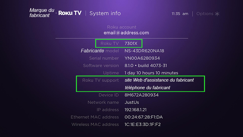 Consulter la page d'information système pour déterminer si un téléviseur est un Roku TV