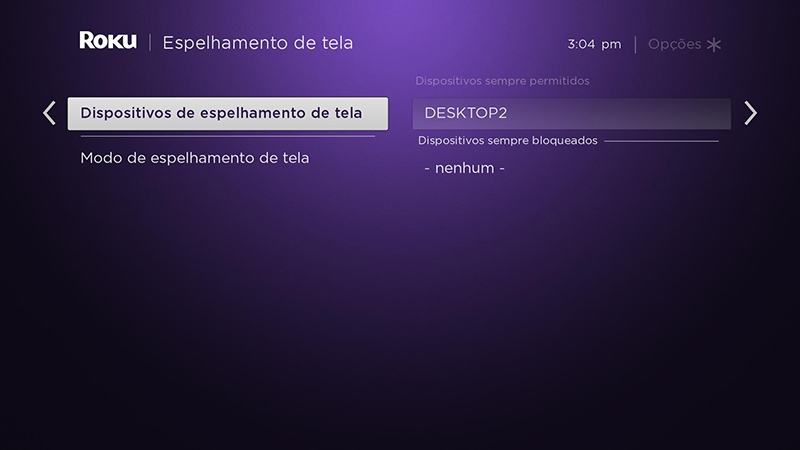 dispositivos de espelhamento de tela permitidos e bloqueados no dispositivo Roku