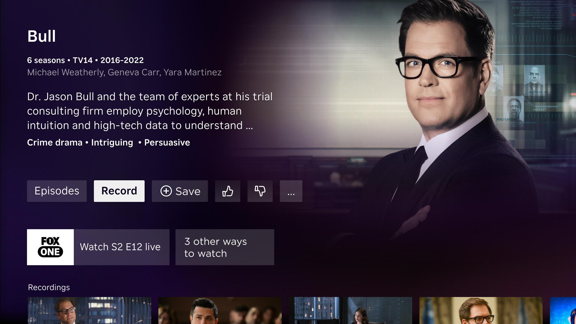 Recording options for a series in the Roku Live TV guide