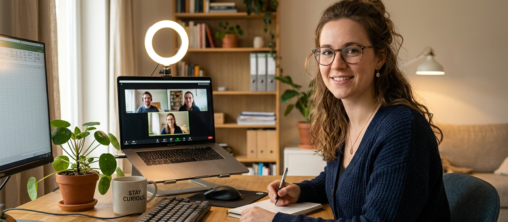 Laptop webcam view showing a blurred home office background on a video call