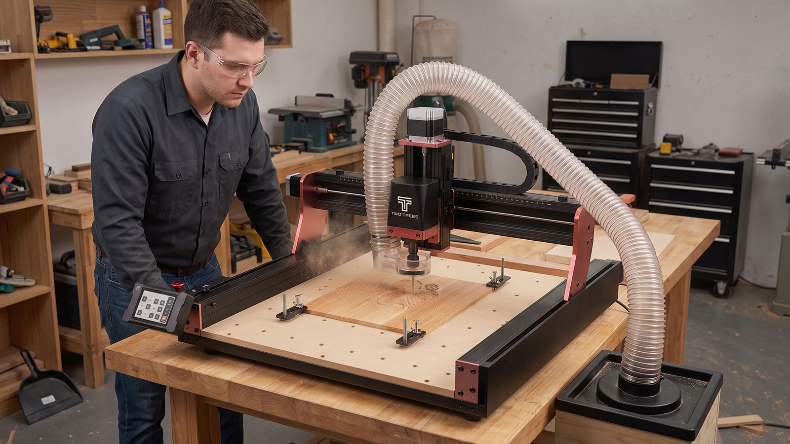 Person wearing safety glasses standing beside a running CNC router with dust extraction connected