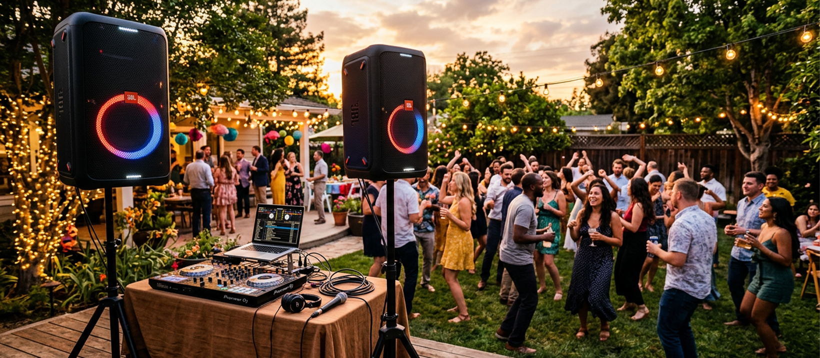 Party speaker set up outdoors at a backyard event with people dancing