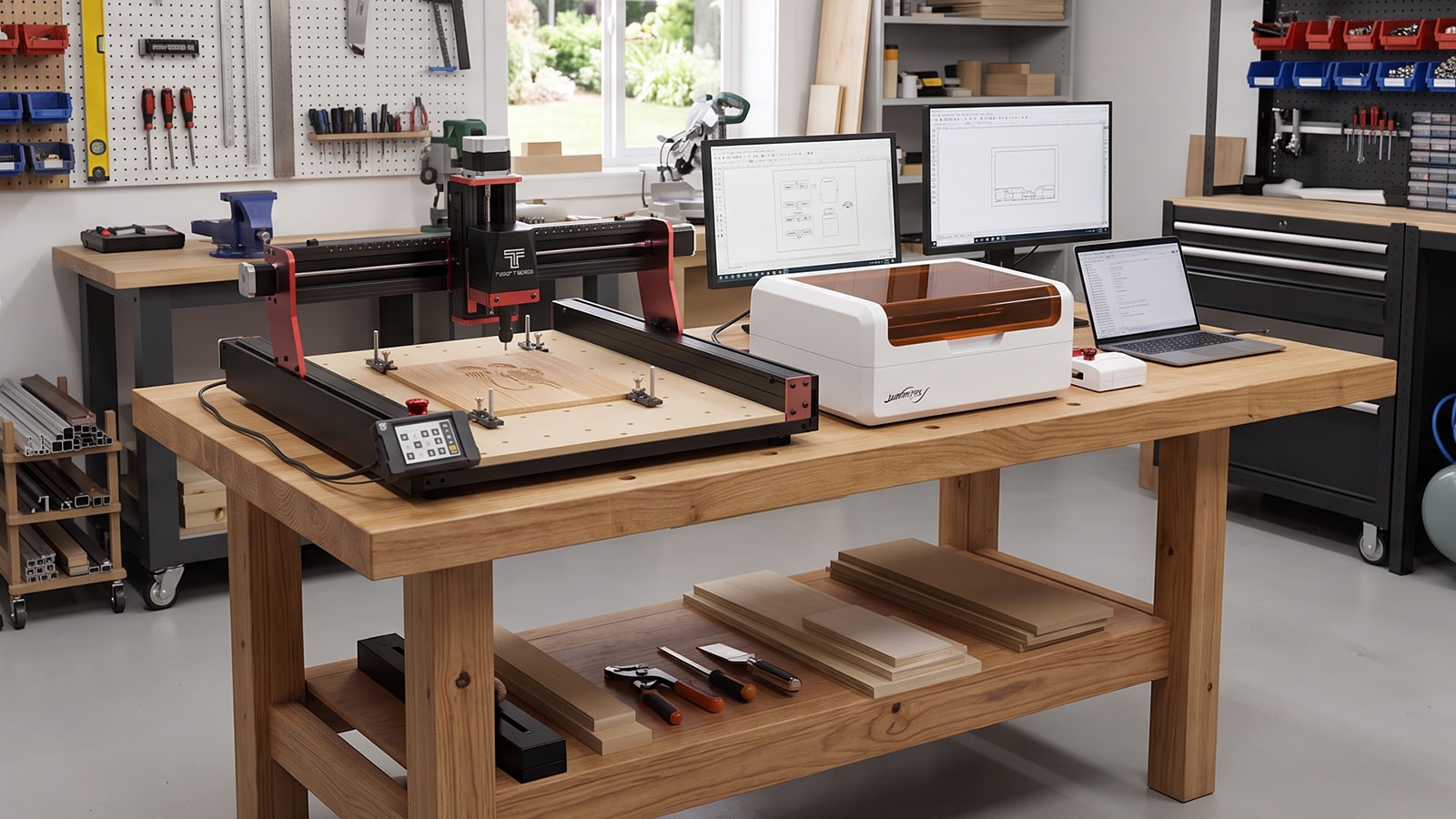 A CNC router and an enclosed laser engraver set up side by side on a workbench