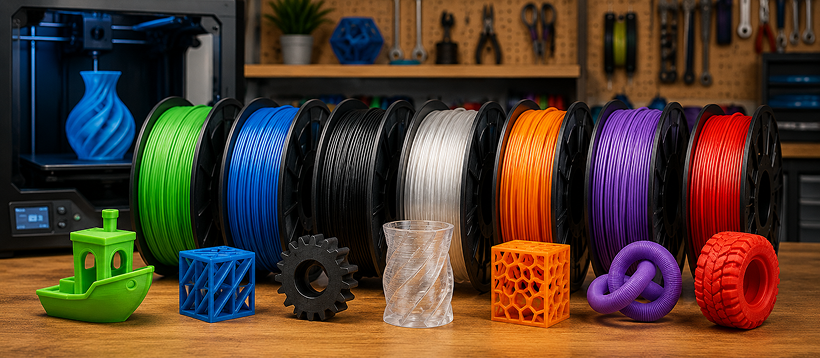 Four spools of 3D printing filament — PLA, ABS, PETG and TPU — displayed side by side