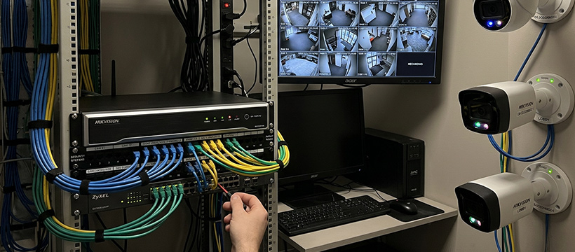 NVR security camera system installed on a wall with network cabling