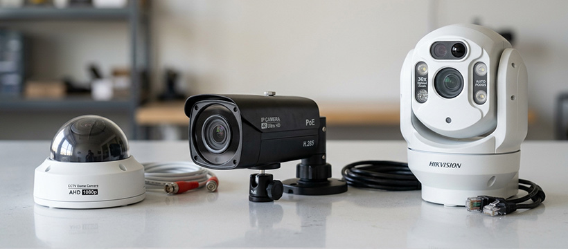 Security camera types including AHD, network and PTZ cameras
