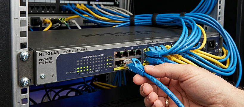 Cat6 network cable being plugged into a PoE switch for NVR camera installation
