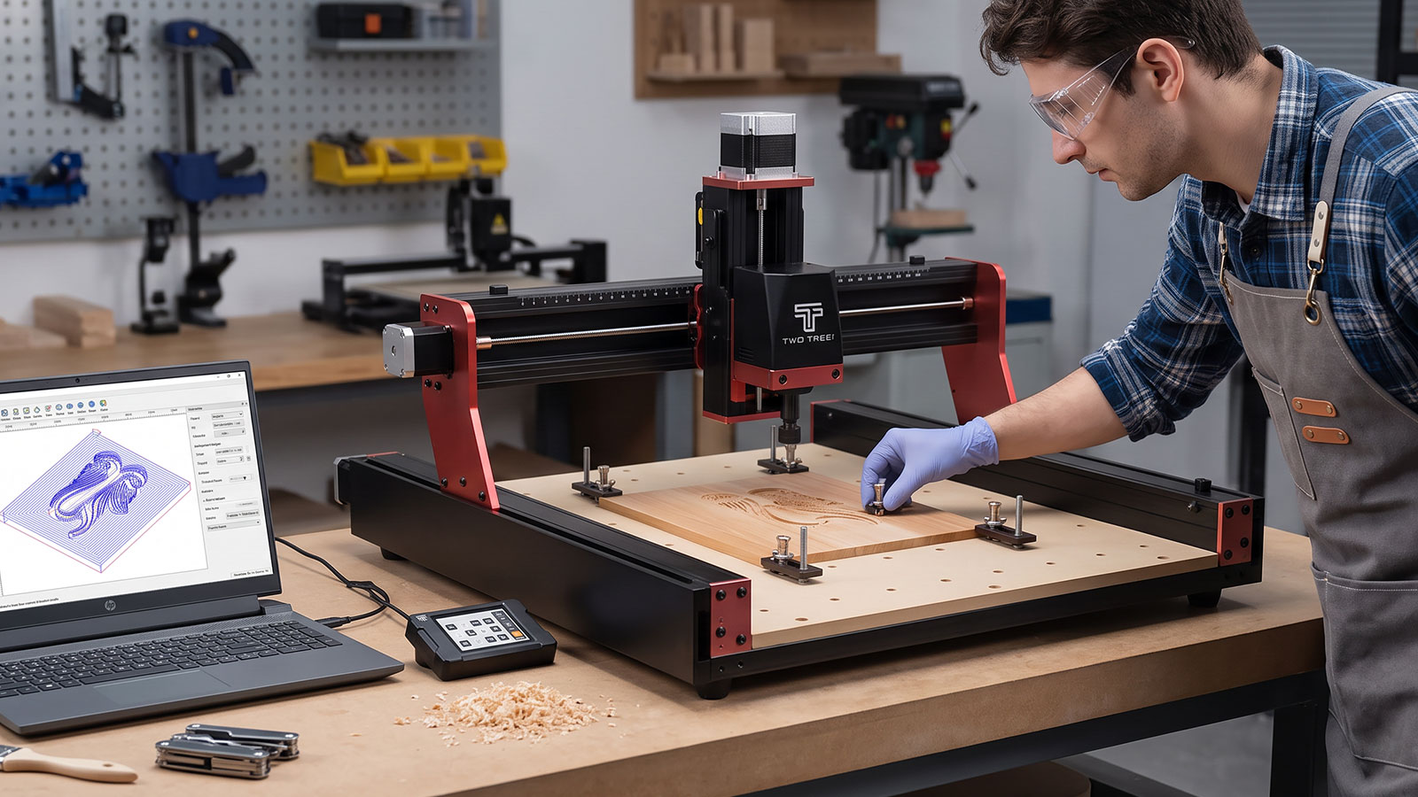 Person operating a CNC router with a design loaded on a nearby laptop