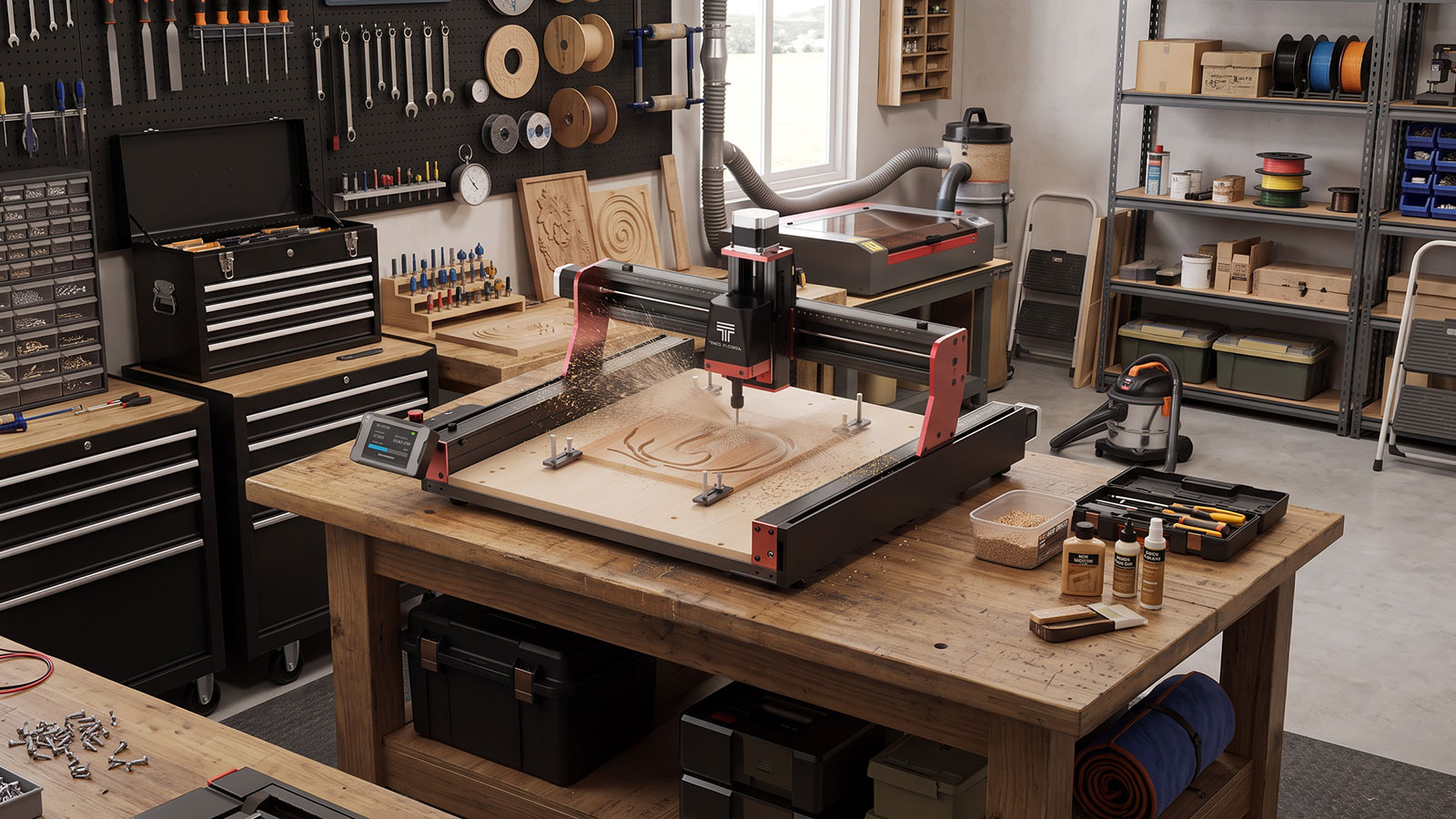 Two Trees TTC450 Pro CNC router machine cutting a wooden workpiece with its touchscreen controller visible