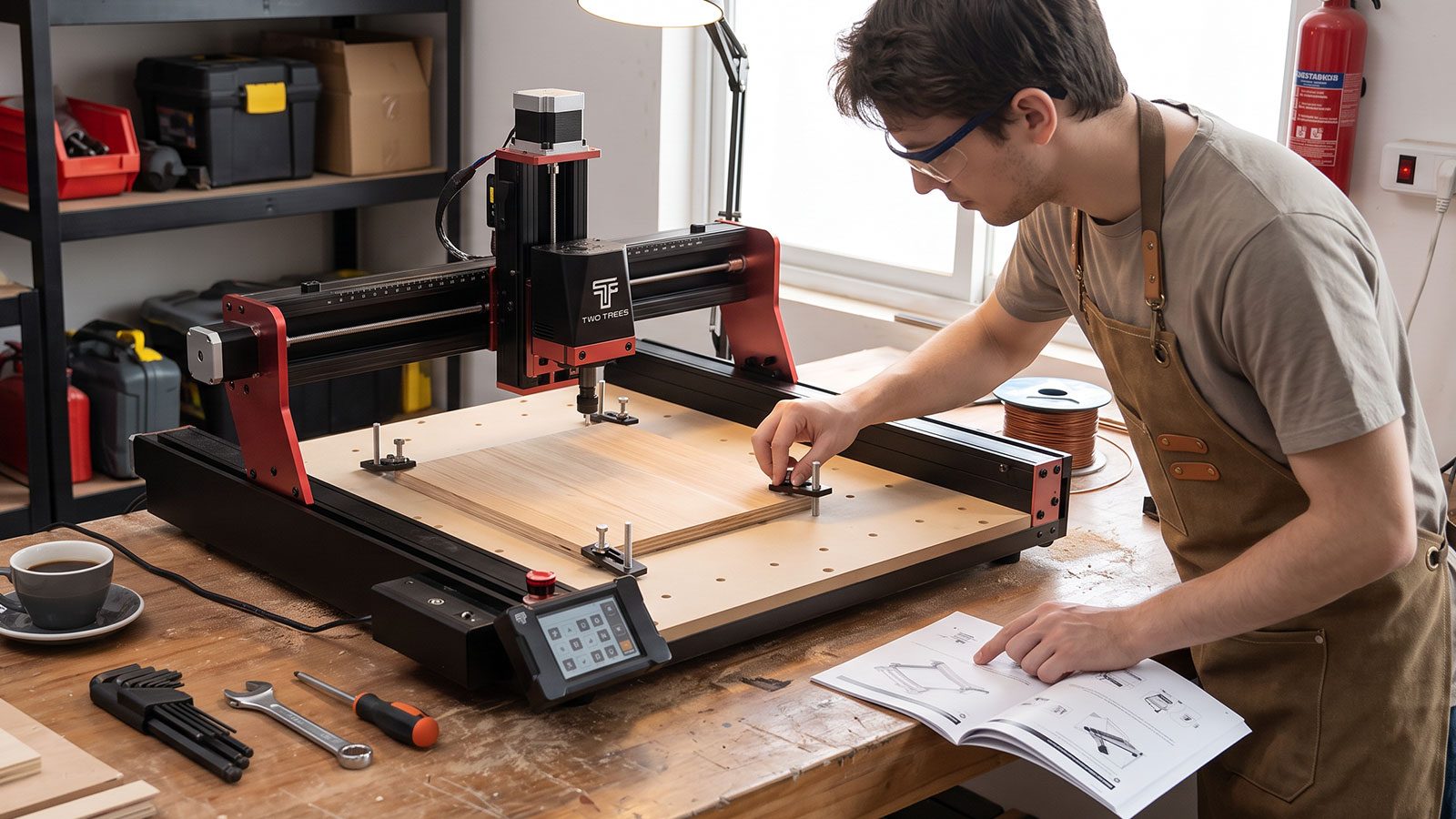 A beginner setting up a desktop CNC router on a workbench