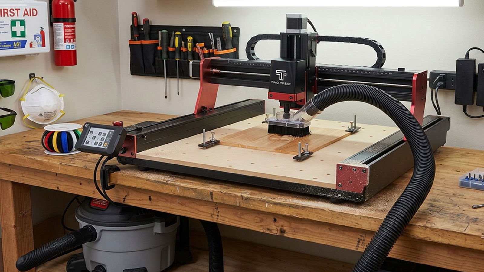 Home CNC router set up on a workbench with dust extraction and safety gear nearby