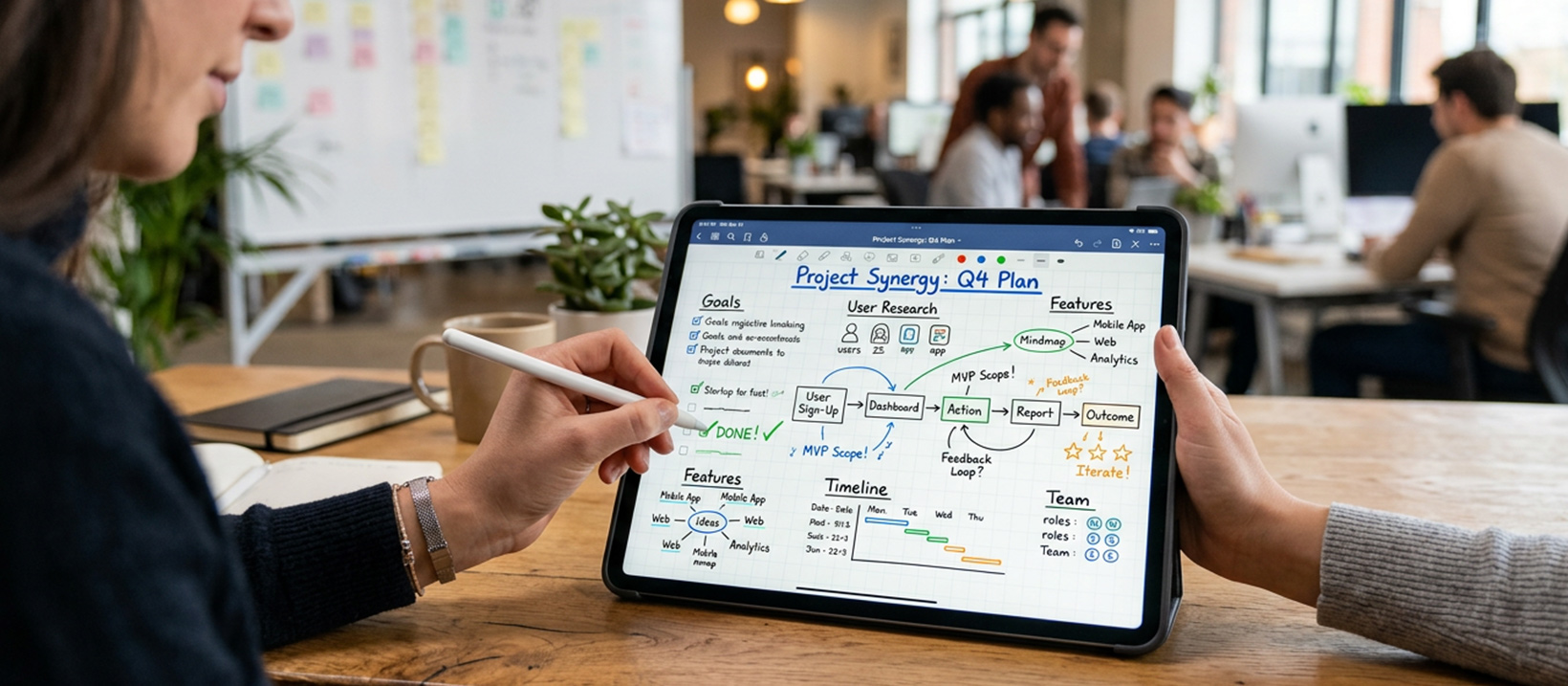 Tablet showing a digital whiteboard sketch during an online meeting