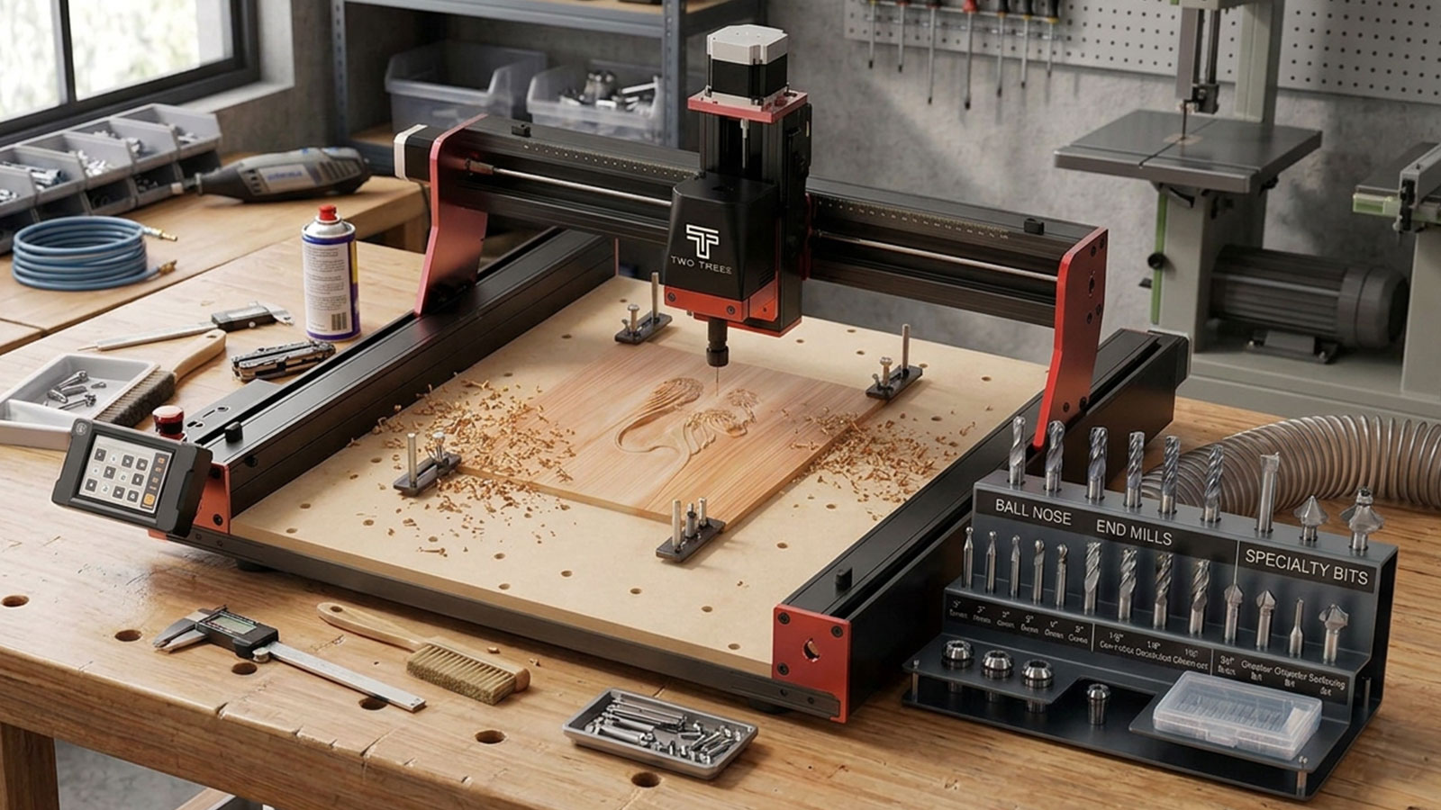 Assortment of CNC router bits laid out beside a CNC router machine