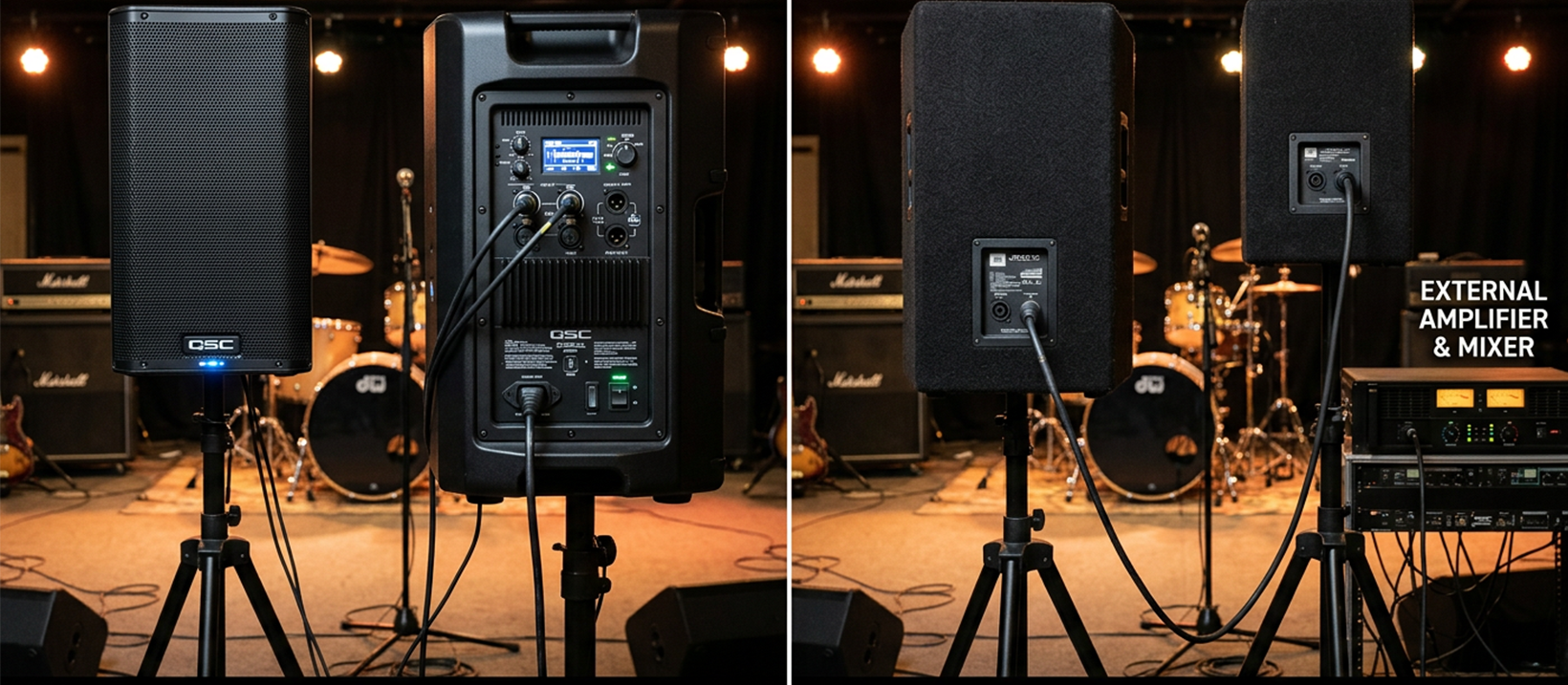 Side-by-side comparison of an active PA speaker and a passive speaker cabinet