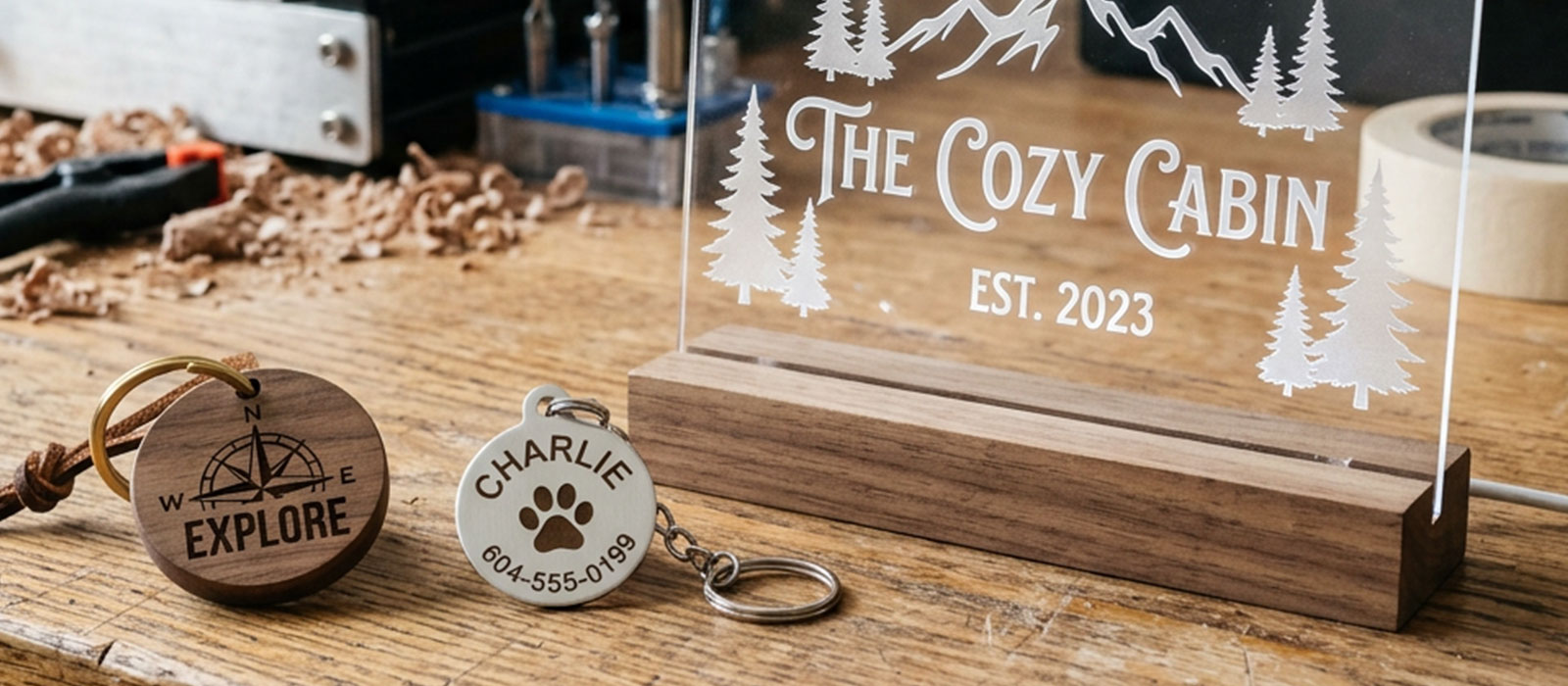 Assortment of finished beginner CNC router projects including a keychain, pet tag and acrylic sign