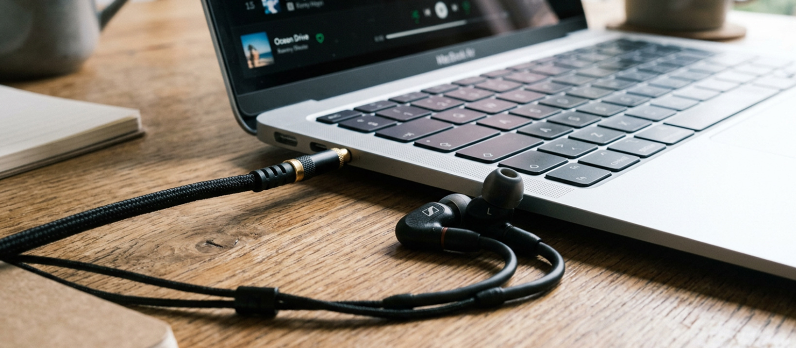Close-up of wired earphones plugged into a laptop for a video call