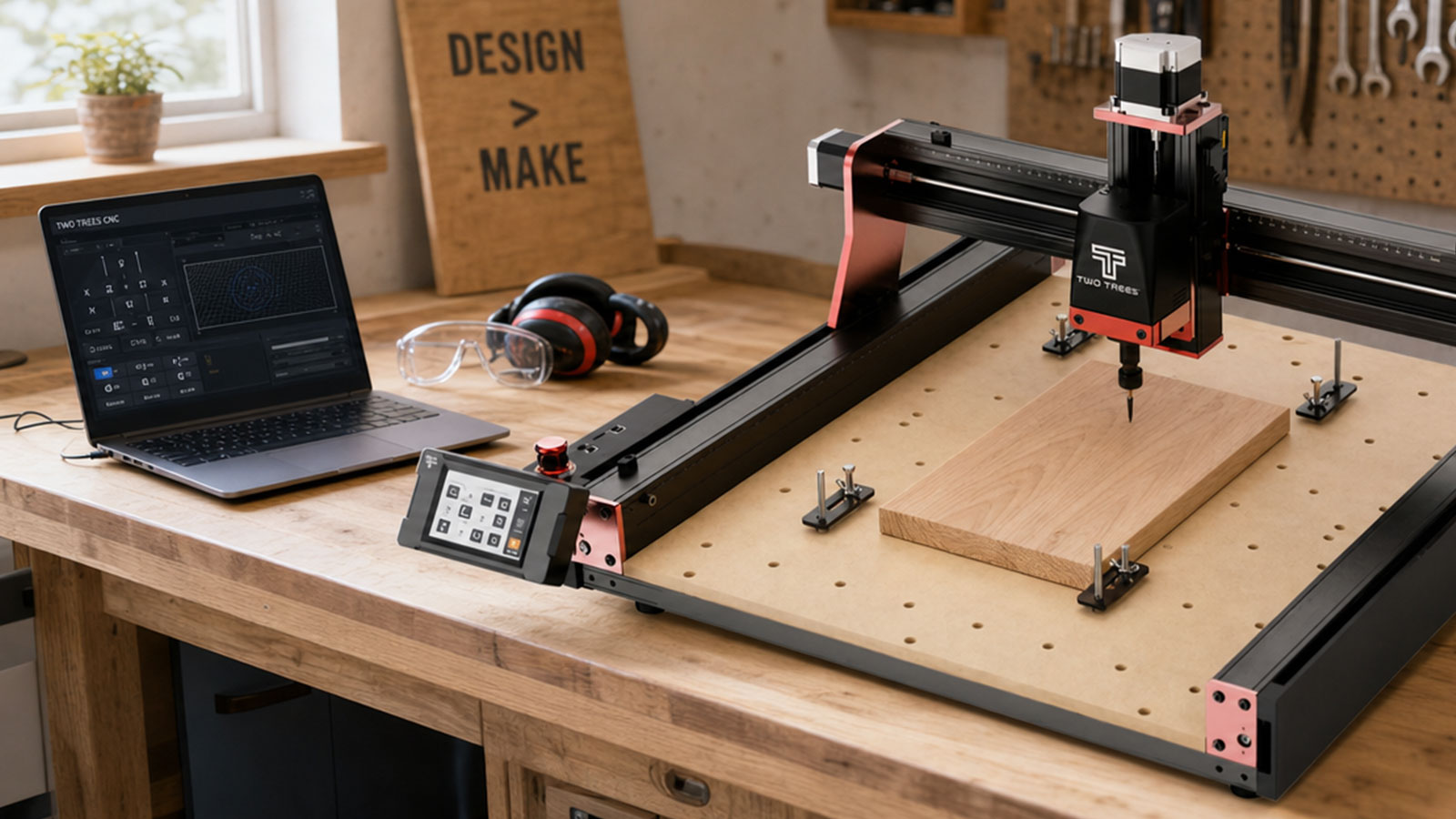 A beginner CNC router set up on a workbench ready for its first cut