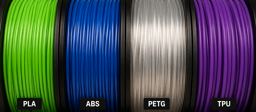 Close-up of PLA, ABS, PETG and TPU filament strands showing different colours and textures