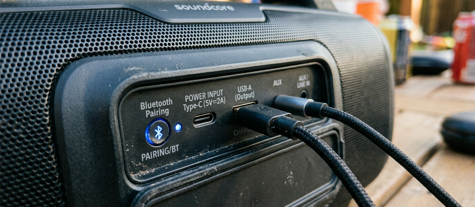 Close-up of an active speaker panel showing Bluetooth, USB, and aux inputs