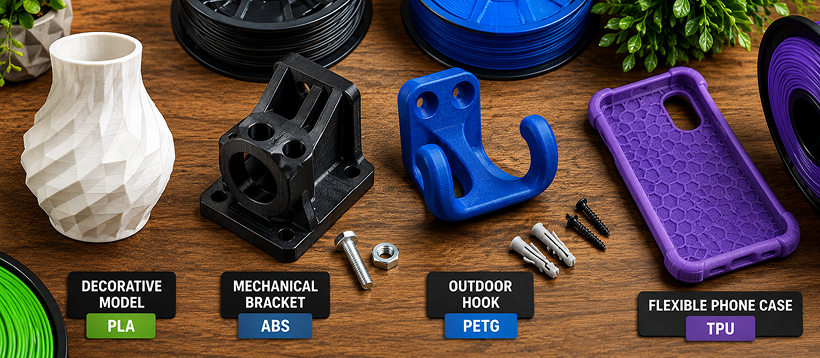 A selection of 3D printed objects including a display model, a mechanical bracket, an outdoor part and a flexible phone case