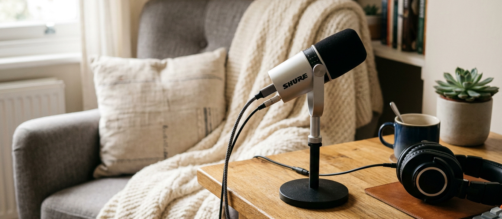 Microphone on a desk with soundproofing panels in the background