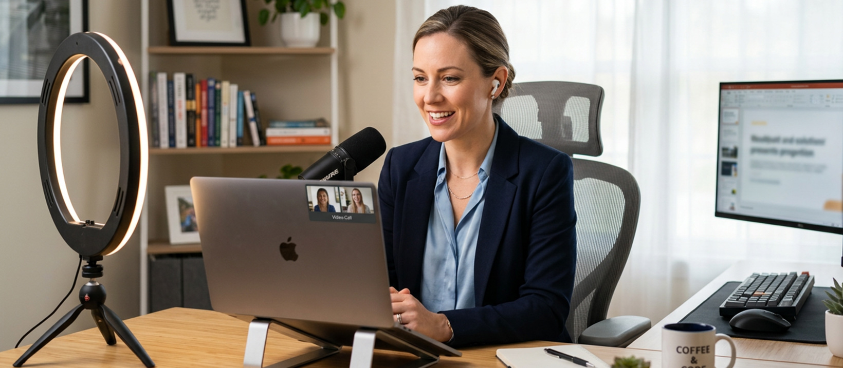 Person sitting at a home desk on a video call with a clear, professional setup
