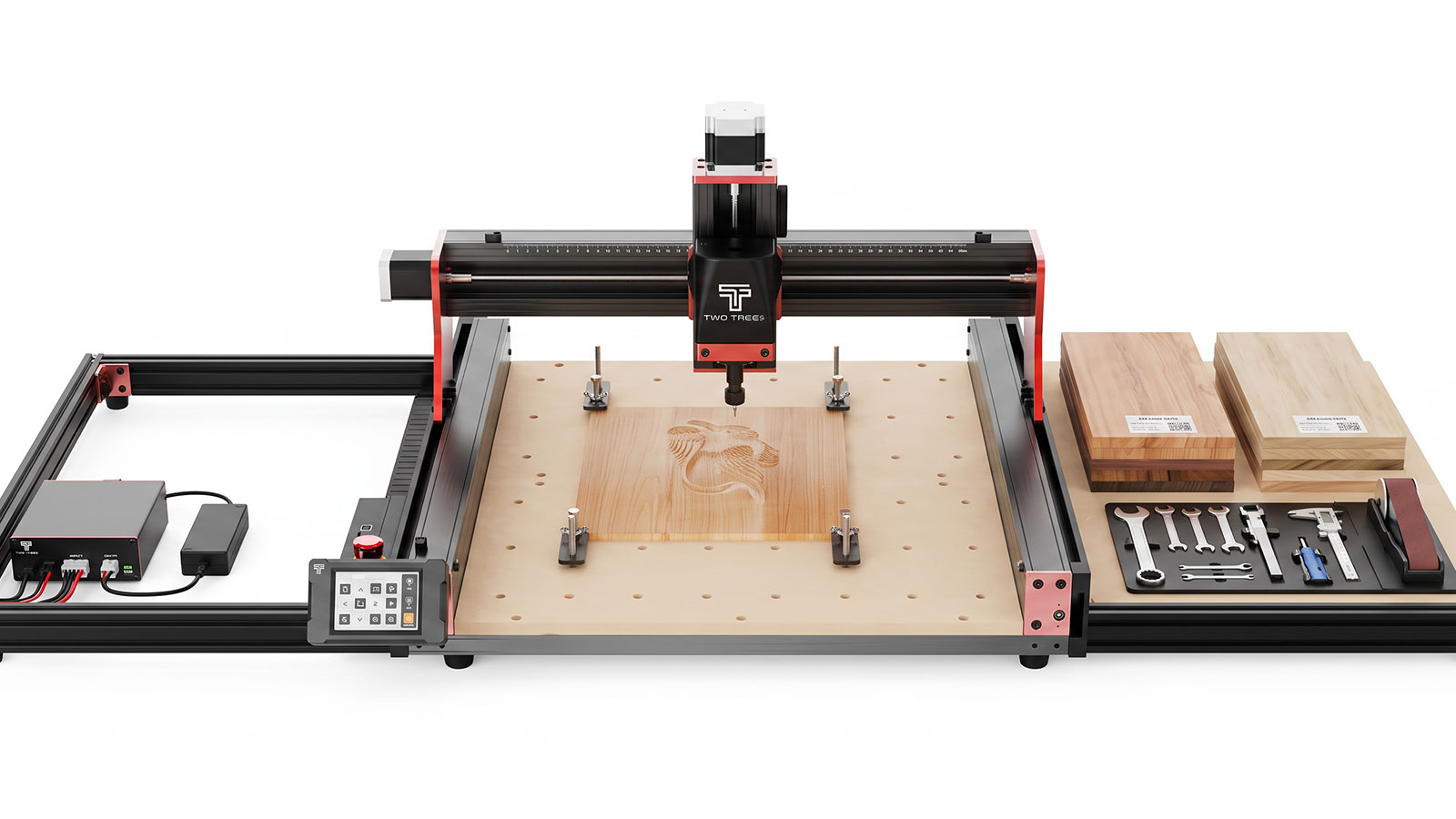 Two Trees TTC450 Pro CNC router alongside its spindle upgrade, vacuum unit and 4-axis module accessories