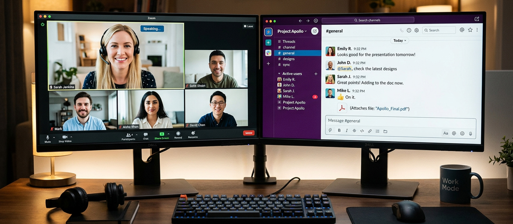 Dual monitor setup showing a video call on one screen and a chat panel on the other