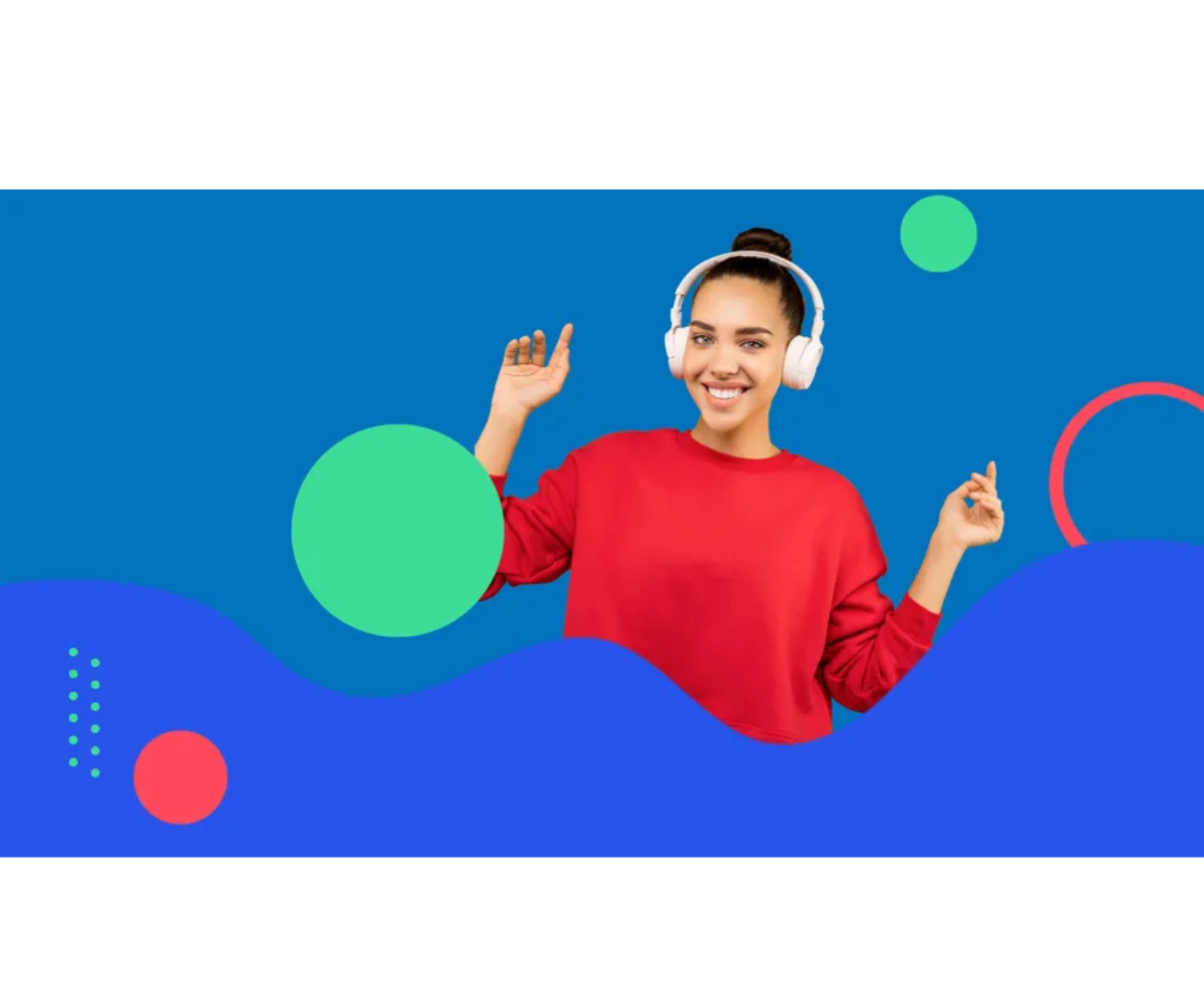 A cheerful woman in a red sweatshirt wears headphones and dances happily against a vibrant blue background with playful, colorful graphic shapes.