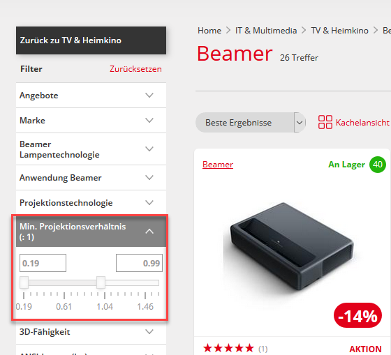 Beamer nach Projektionsverhältnis filtern