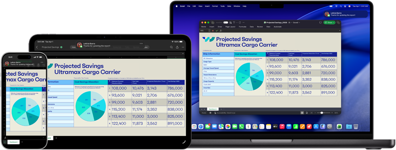 Écrans d’un iPhone 17 Pro, d’un iPad Pro 11 pouces avec puce M4 et d’un MacBook Pro avec puce M4 affichant la même feuille de calcul Microsoft Excel avec des données compilées sous la forme d’un diagramme circulaire et de tableaux