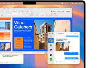 Auf dem geöffneten 13" MacBook Air wird ein Foto aus der Nachrichten App in einen Microsoft Word Bericht eingefügt, um das intuitive Design des Mac und seine Ähnlichkeit mit dem iPhone zu demonstrieren