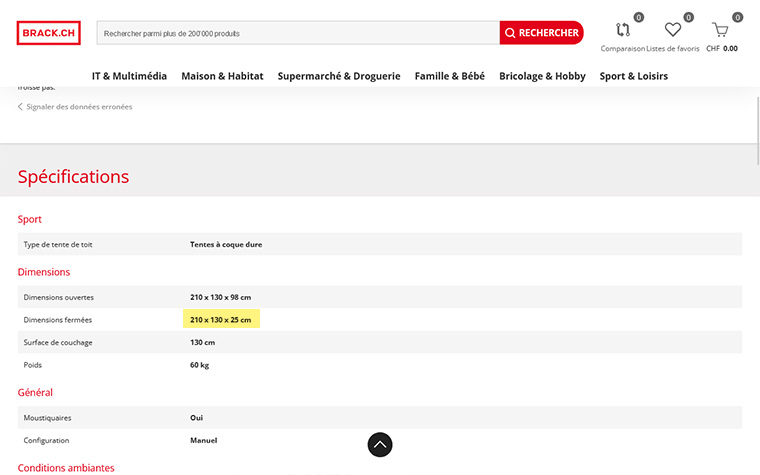 Capture d'écran d'une page de détail d'un produit dans la Brack-Shop