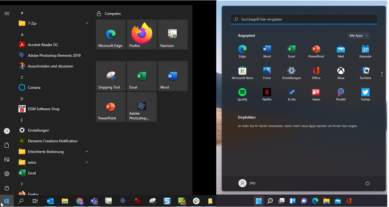 Vergleich der Startmenüs in Windows 10 und 11