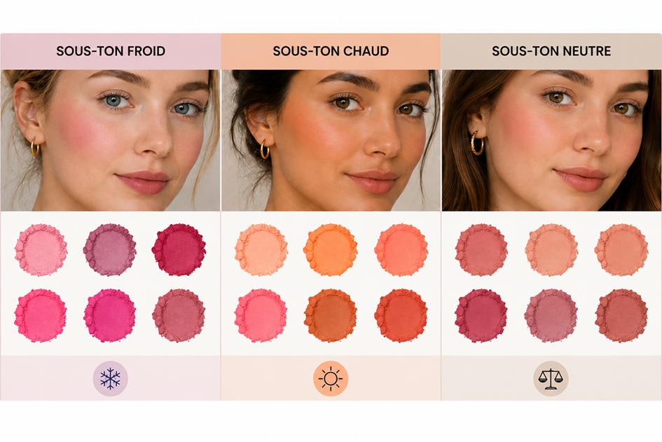 Teintes de blush selon le sous-type de peau. Source: générée par l’IA | ChatGPT.