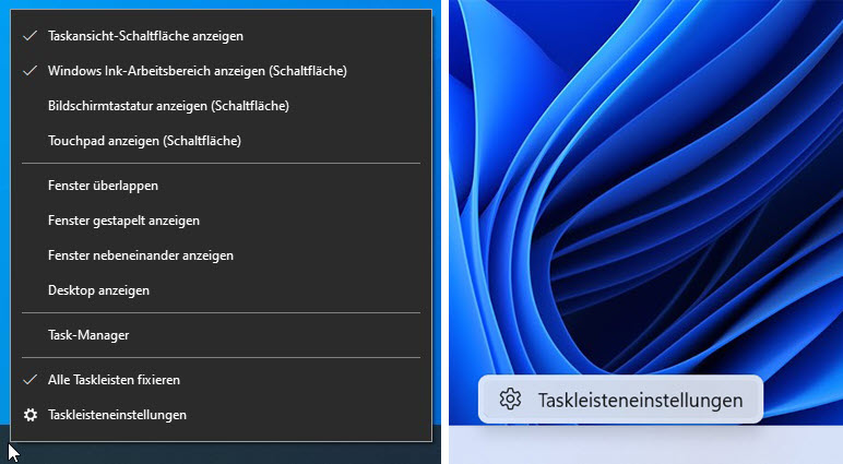 Rechtsklick auf die Taskleiste: Ergebnis in Windows 10 und 11