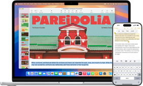 Ein geöffneter Apple Laptop mit einem iPhone im Vordergrund. Das iPhone zeigt hervorgehobenen Text in Notizen an, der dem hervorgehobenen Text auf dem Apple Laptop entspricht.