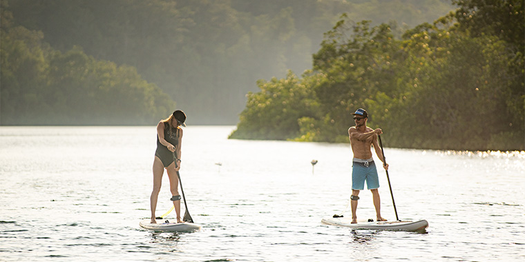 Ein Mann und eine Frau paddeln mit Allround-SUPs auf einem Fluss