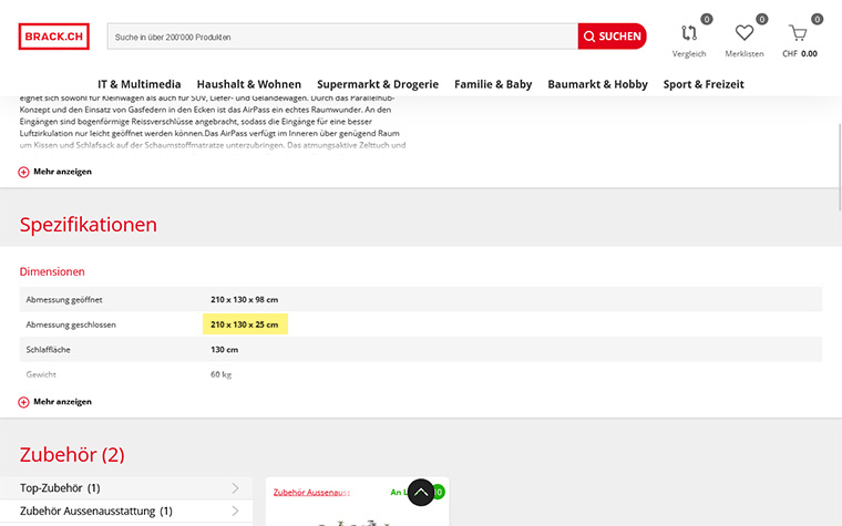 Screenshot einer Produktdetailseite im Brack-Shop