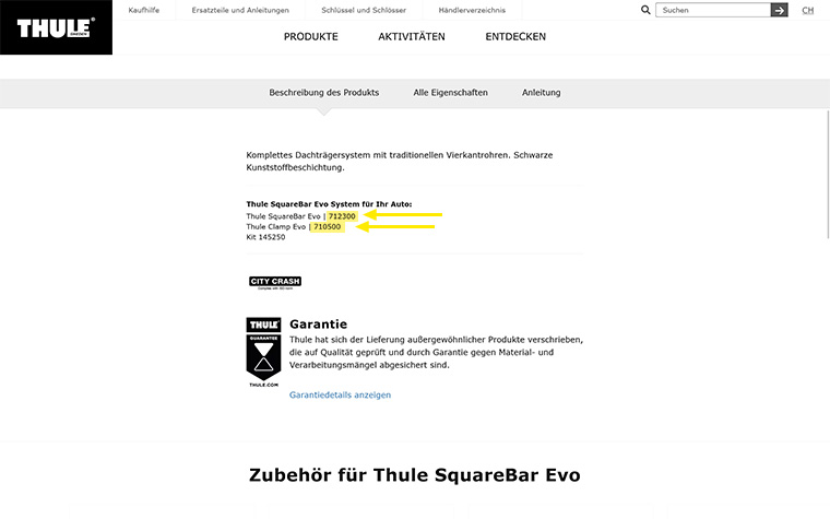 Screenshot einer Produktdetailseite auf der Thule Website