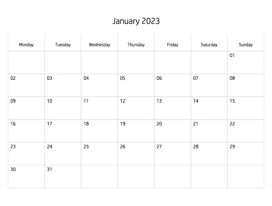 2023 Blank Calendar - 12 months - This printable shows the monthly calendar for 2023.