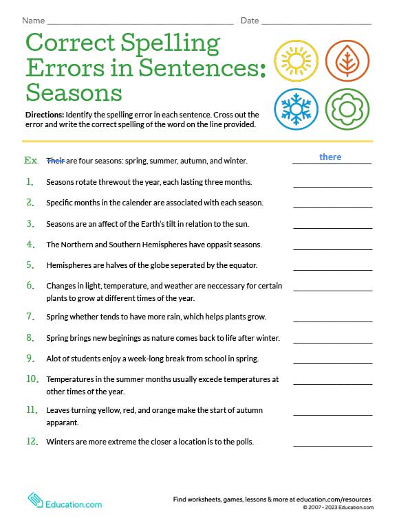 Printables - Correct Spelling Errors in Sentences: Seasons | HP® United ...