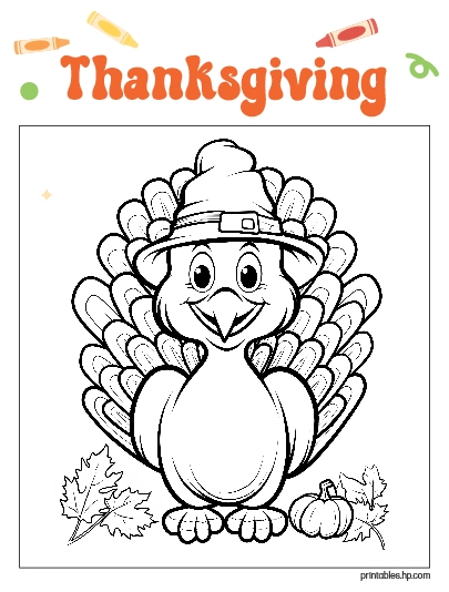 Thanksgiving Coloring 01 - Printable coloring page image shows a line drawing of a turkey smiling