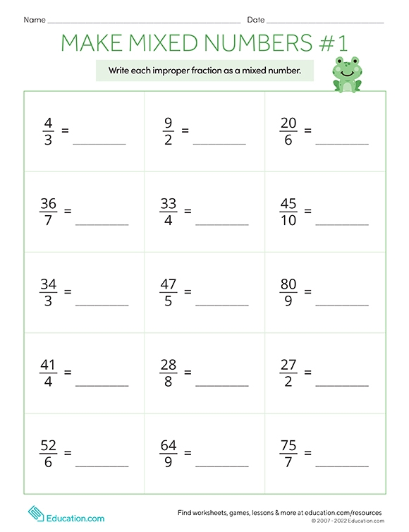 Mixed numbers to improper fractions worksheet with pictures
