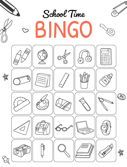 Schooltime Bingo Coloring Page - Printable school themed bingo game.